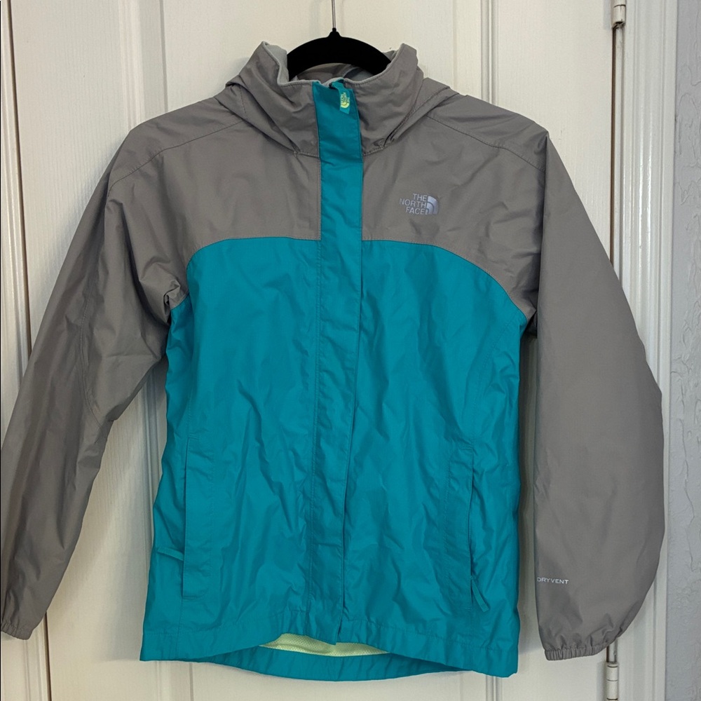 Girls size Medium (10/12) The North Face Turquoise and Gray Windbreaker
